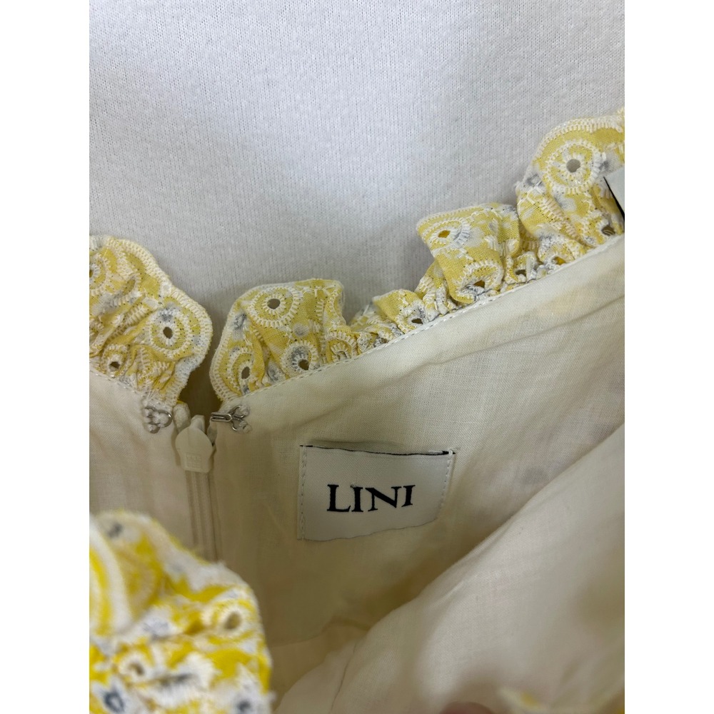 Cottagecore LINI Women XS Yellow Floral Eyelet Puff Sleeve Mini Dress Sweetheart - Picture 3 of 11